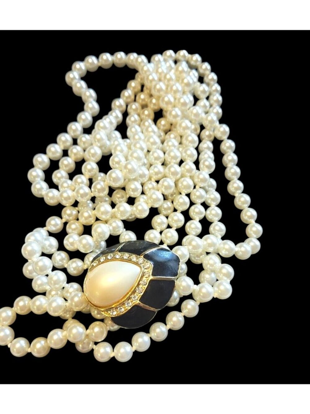 Vintage 1990s Triple Strand Faux Pearl Necklace Cabochon & Rhinestone Black Enam